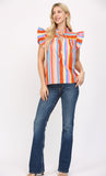 Beth Bright Multi Color Ruffle Sleeve FATE Top