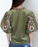 Laurel Puff Sleeve Floral Embroidery Corduroy THML Top