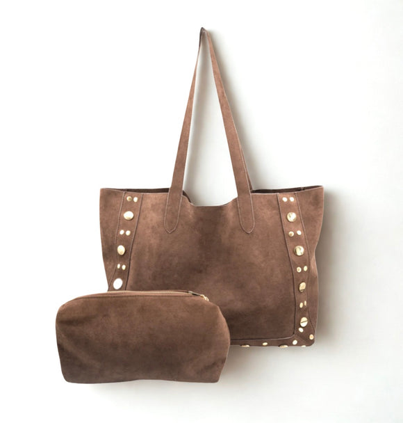 Bowen Chocolate Suede Large BC Bag with Studs