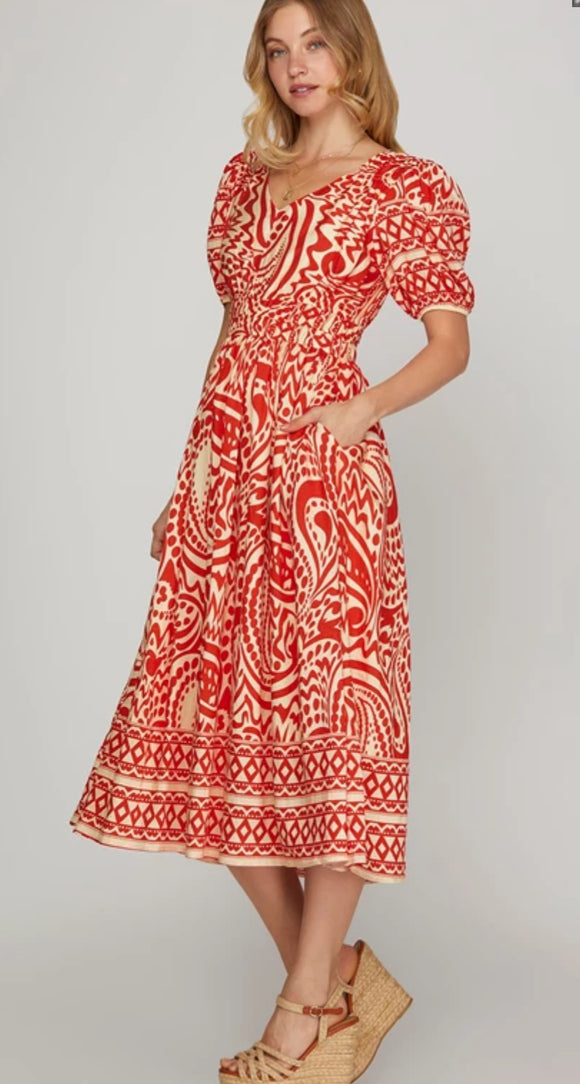 Brianna Red Print Midi She + Sky Dress