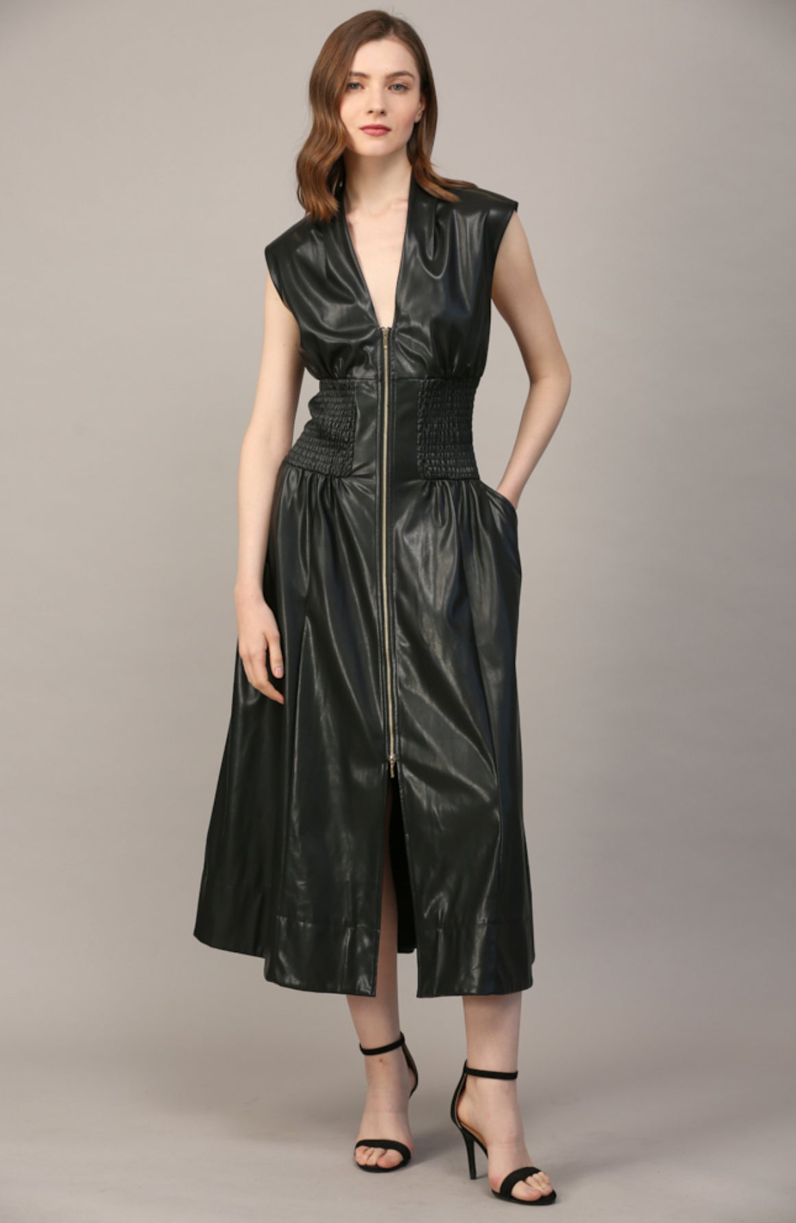 Diana Smocked Waist Faux Leather FATE Dress- SALE M Diana Smocked Waist Faux Leather FATE Dress- SALE M