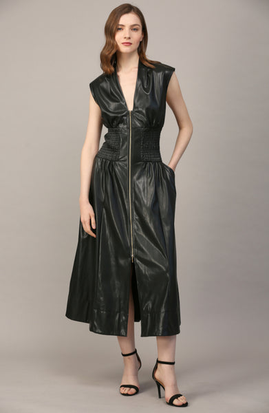 green emerald velvet dress Diana Smocked Waist Faux Leather Fate Dress- Sale M