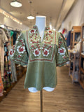 Laurel Puff Sleeve Floral Embroidery Corduroy THML Top