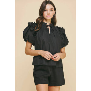 Lyn Black Bubble Sleeves with Ruffle Woven PINCH Top