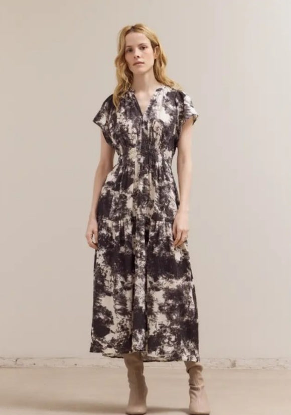 Alena Printed Ruffle Satin Midi Grade and Gather Dress