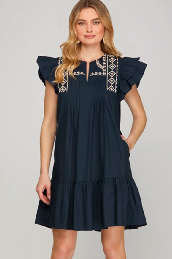 Georgia Navy Embroidered Ruffle Sleeve She + Sky Dress