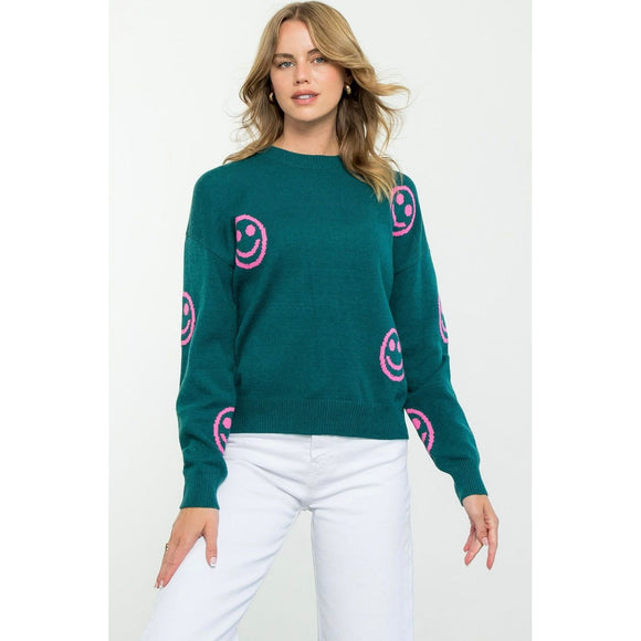 Smiley Face Teal Rib Knit THML Sweater