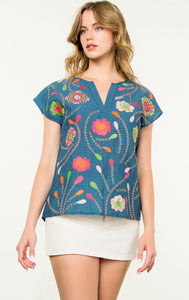 Shelley Blue Floral Short Sleeve THML Top