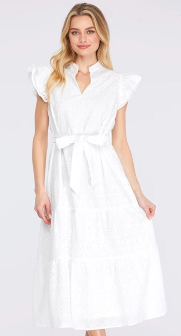 Nora White Eyelet Lace Waist Tie She + Sky MIDI  Dress