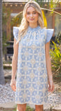 Kendall Blue Embroidered Ruffle Sleeve VOY Dress