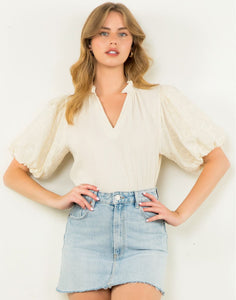 Ellie Cream Emboidered Puff Sleeve THML Top