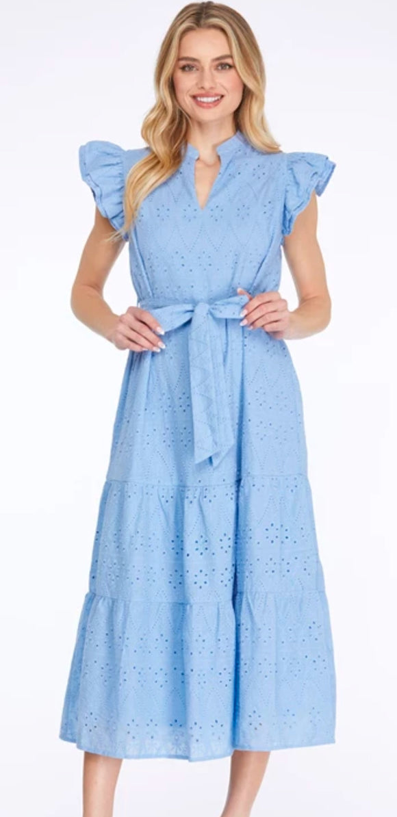 Dora Light Blue Eyelet Lace Waist Tie She + Sky Midi Dress