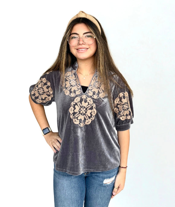 Agusta Puff Sleeve Embroidered Detail THML Top