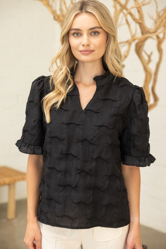 Marlene Satin Ruffle Detail Dotted Texture VOY Top