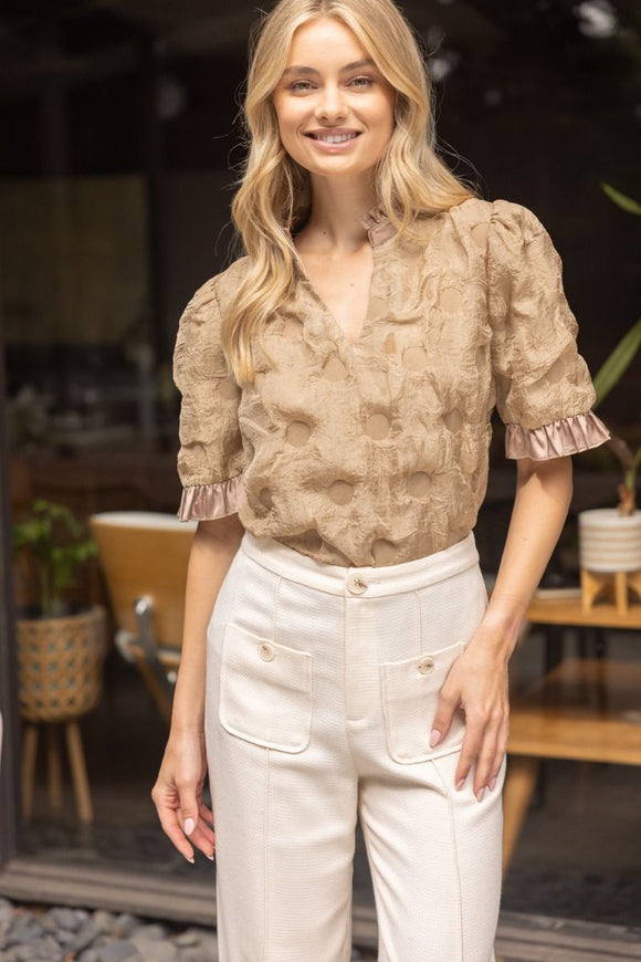 Julia Satin Ruffle Detail Dotted Texture VOY Top