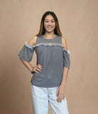Layla THML Light Grey Cold Shoulder Embroidered Top-SALE
