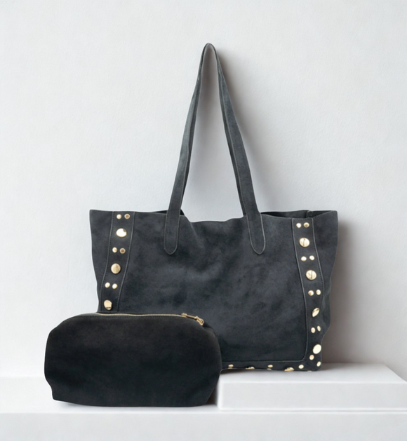 Bowen Black Suede Large BC Bag with Studs