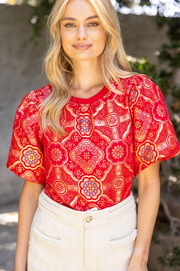 Valerie Puff Sleeve Mandala Jacquard VOY Top