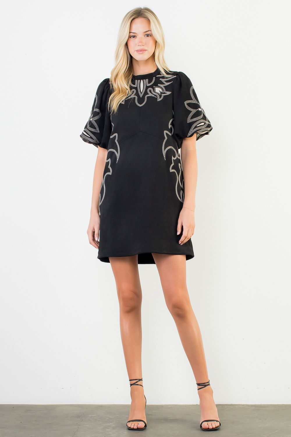 THML Beatrice Puff Sleeve Embroidery Detail Suede Dress- SALE M THML Beatrice Puff Sleeve Embroidery Detail Suede Dress- SALE M
