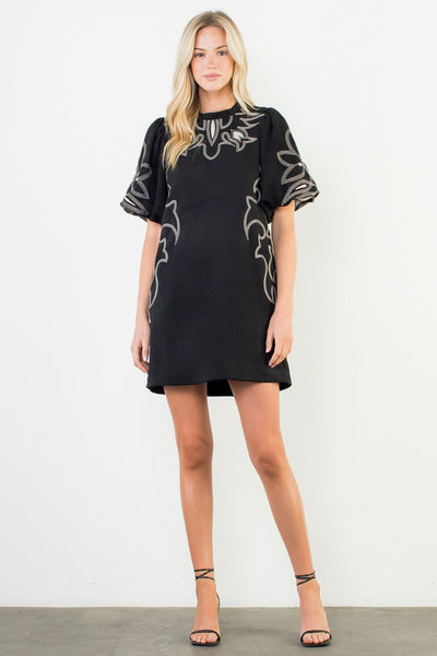 Thml Beatrice Puff Sleeve Embroidery Detail Suede Dress- Sale M
