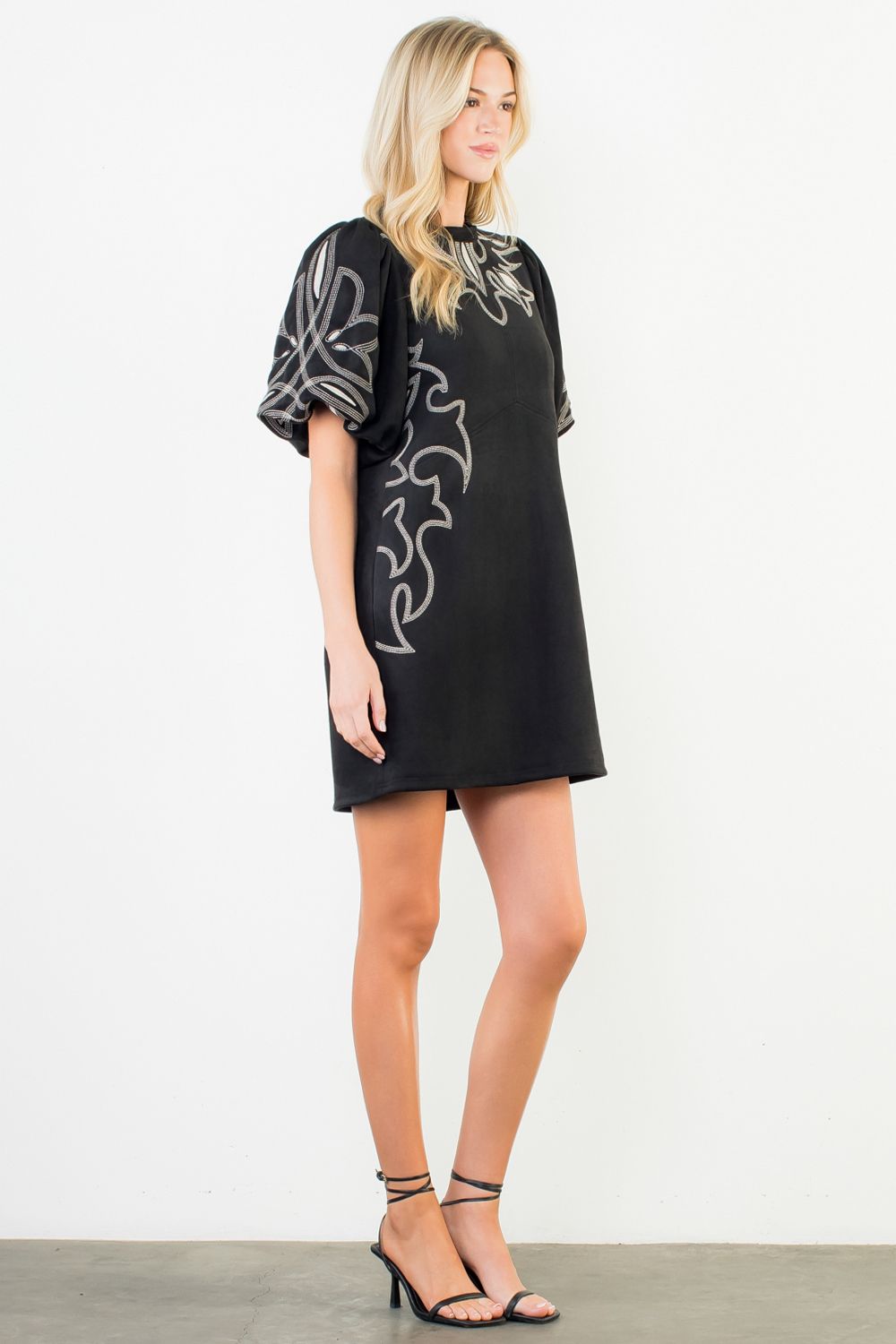 THML Beatrice Puff Sleeve Embroidery Detail Suede Dress- SALE – Fig Tree Jewelry & Accessories