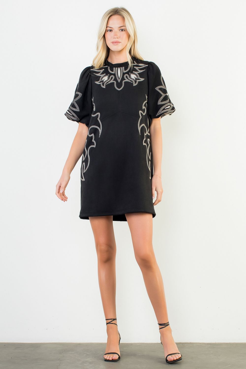THML Beatrice Puff Sleeve Embroidery Detail Suede Dress- SALE M