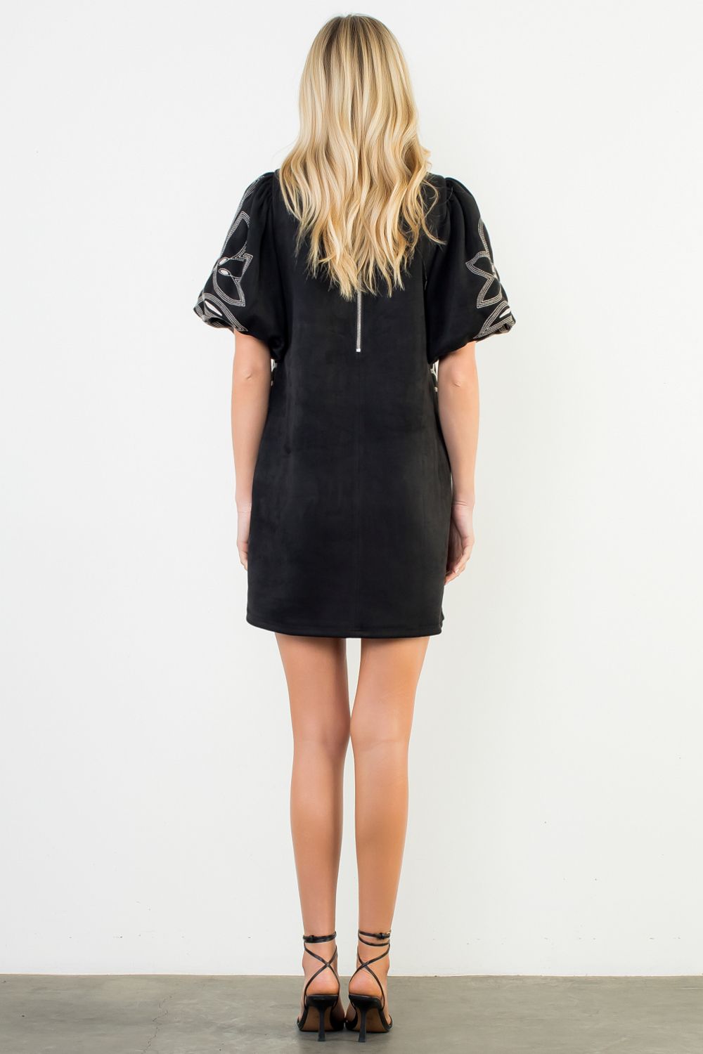 THML Beatrice Puff Sleeve Embroidery Detail Suede Dress- SALE M THML Beatrice Puff Sleeve Embroidery Detail Suede Dress- SALE M