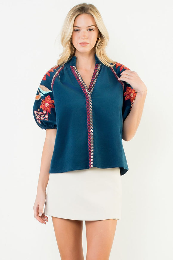 Camila Floral Embroidered Puff Sleeve THML Top