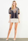 THML Agusta Puff Sleeve Embroidered Detail Top