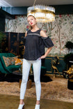 Layla THML Dark Grey Cold Shoulder Embroidered Top-SALE