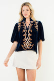 THML Willow Puff Sleeve Velvet Embroidered Top