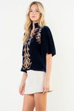 THML Willow Puff Sleeve Velvet Embroidered Top