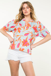 Beckett Puff Sleeve Flower Striped THML Top