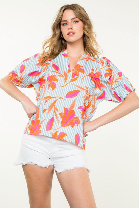 Beckett Puff Sleeve Flower Striped THML Top