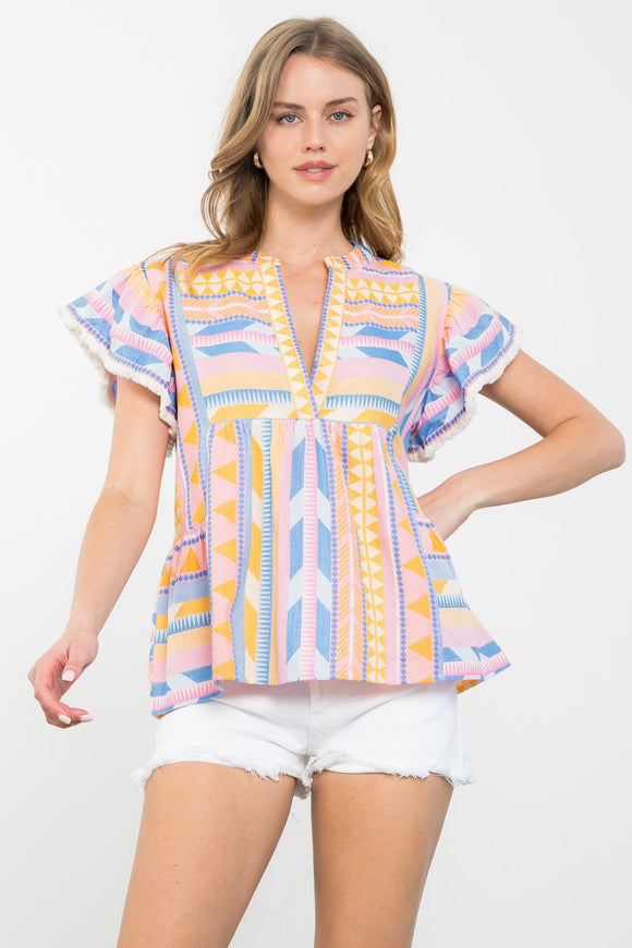 Gretchen Embroidered Pattern Flutter Sleeve THML Top