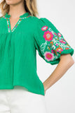 Emelia Green Puff Sleeve Sheer Embroidered THML Top