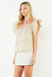 THML Emiliana Ruffle Sleeve Floral Pattern V Neck Top