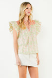THML Emiliana Ruffle Sleeve Floral Pattern V Neck Top