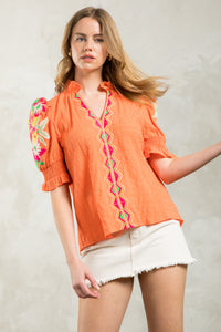 Marlo Embroidered Puff Sleeve Textured THML Top
