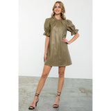 Sally Olive Puff Sleeve Leather THML Dress-SALE
