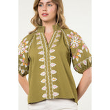 Anabelle Embroidered Puff Sleeve Textured THML Top