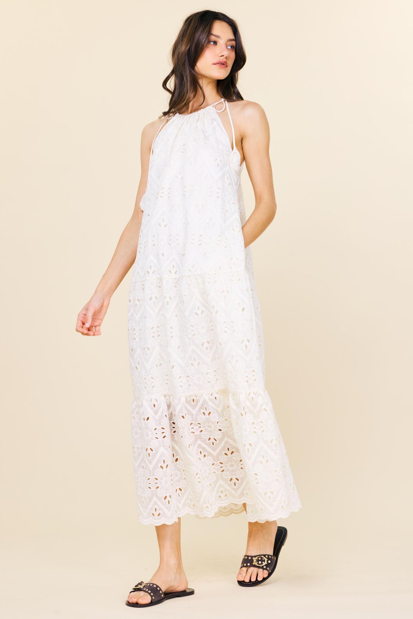 Zahra White Eyelet Tiered Maxi Skies are Blue Dress SALE L Zahra White Eyelet Tiered Maxi Skies are Blue Dress SALE L