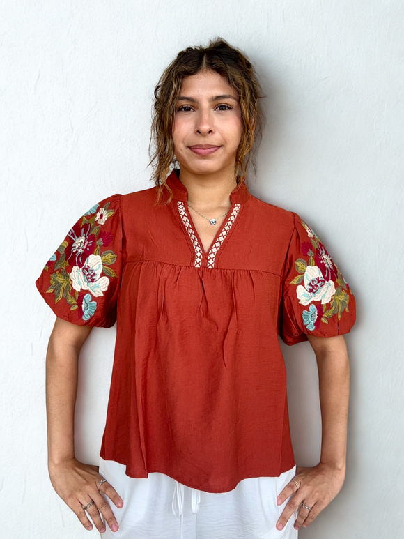 Patricia Embroidered Detail Puff Sleeve THML Top