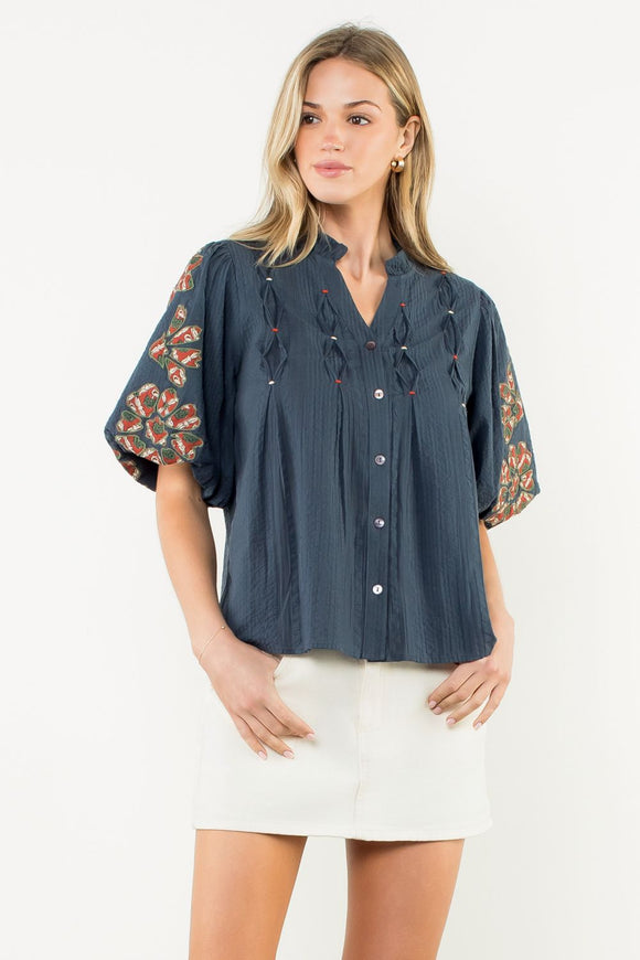 Kaia Embroidered Detailed Puff Sleeve V Neck THML Top