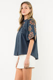 Kaia Embroidered Detailed Puff Sleeve V Neck THML Top