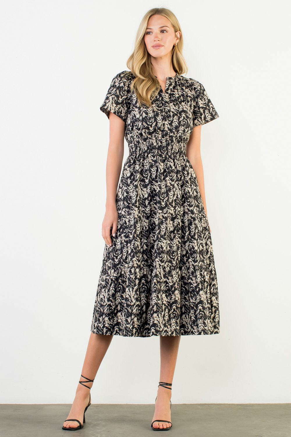 thml fall dresses THML White Frill V Neck Smocked Short Sleeve Floral Dress – SSYS main image 0