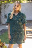 Fiori Smocked V Neck Floral Jacquard Shift VOY Dress
