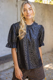 Addie Ruffled Puff Sleeve Animal Print Faux Leather VOY Top