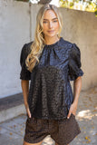 Addie Ruffled Puff Sleeve Animal Print Faux Leather VOY Top