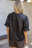 Addie Ruffled Puff Sleeve Animal Print Faux Leather VOY Top